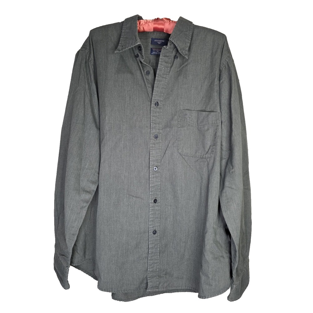 Dockers Mens Stain Defender Button Down Dress Shirt XL Green Long Sleeve Regular
